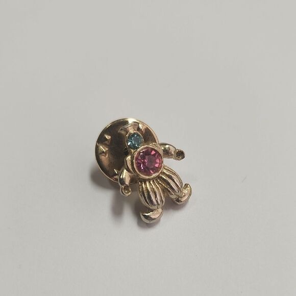 Vintage Gold  Clown Pin with Pink and Blue Accents - Picture 1 of 4